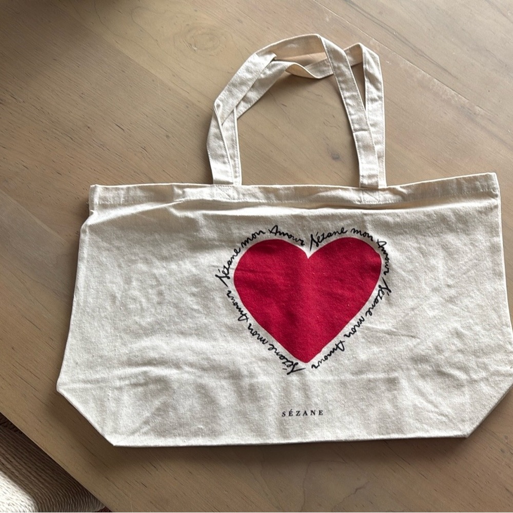 Sézane Cream Tote Bag with Red Heart